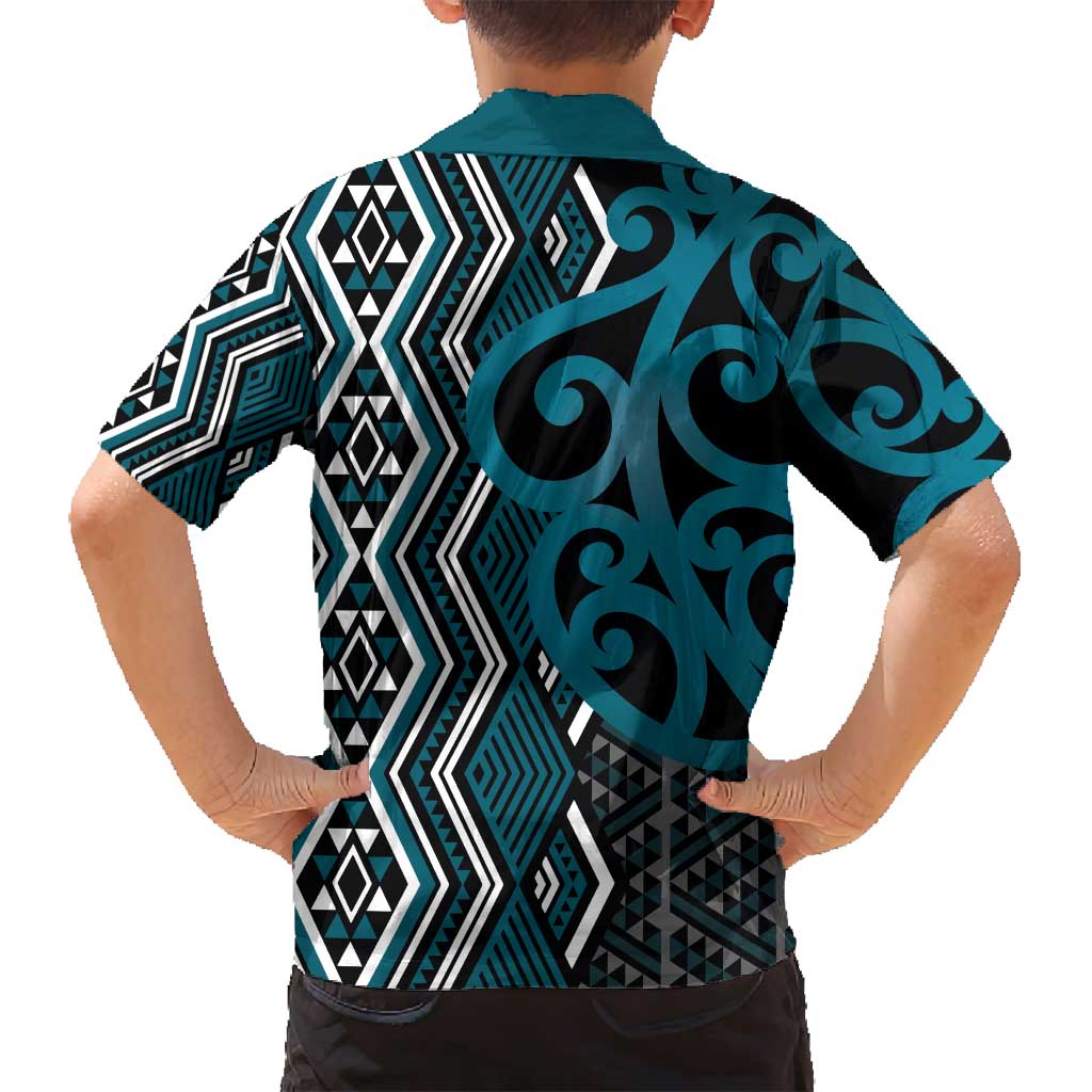 Maori Taniko Patterns Family Matching Long Sleeve Bodycon Dress and Hawaiian Shirt Azure Patiki Motifs Mix Whakairo Ngaru LT7 - Polynesian Pride