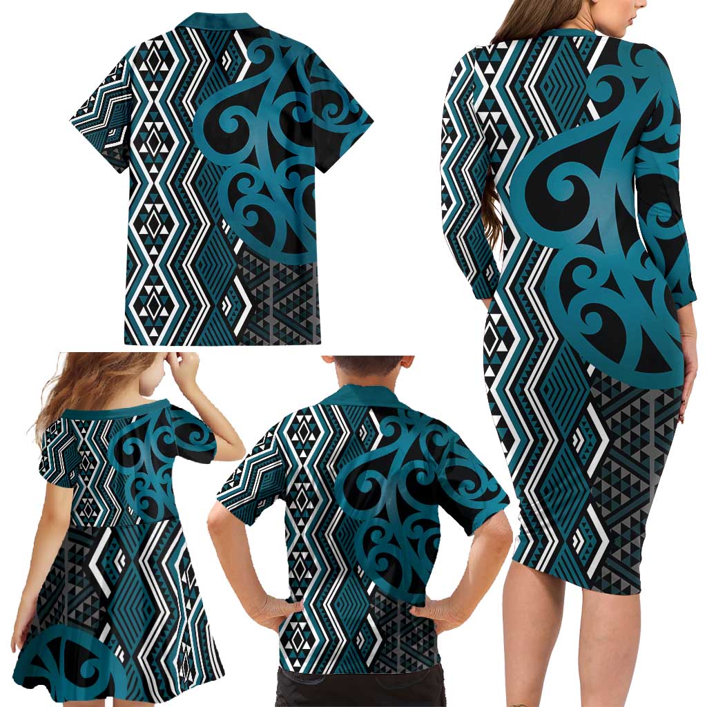 Maori Taniko Patterns Family Matching Long Sleeve Bodycon Dress and Hawaiian Shirt Azure Patiki Motifs Mix Whakairo Ngaru LT7 - Polynesian Pride