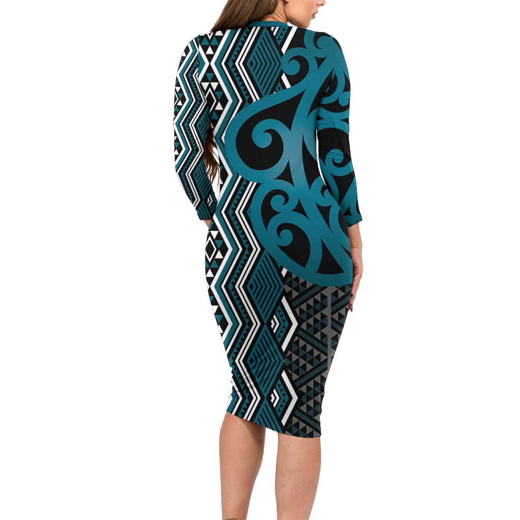 Maori Taniko Patterns Family Matching Long Sleeve Bodycon Dress and Hawaiian Shirt Azure Patiki Motifs Mix Whakairo Ngaru LT7 - Polynesian Pride
