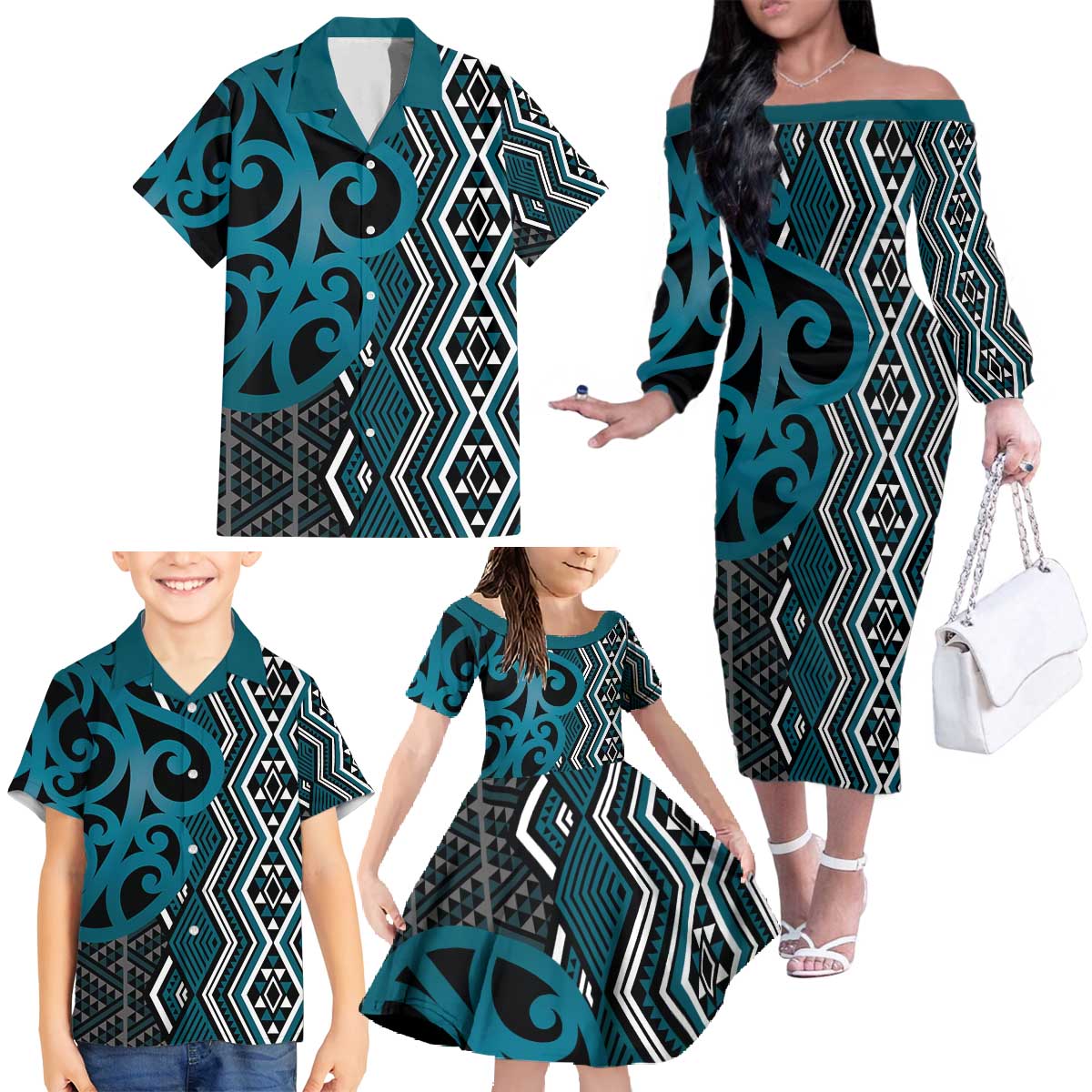 Maori Taniko Patterns Family Matching Off The Shoulder Long Sleeve Dress and Hawaiian Shirt Azure Patiki Motifs Mix Whakairo Ngaru LT7 - Polynesian Pride