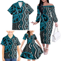 Maori Taniko Patterns Family Matching Off The Shoulder Long Sleeve Dress and Hawaiian Shirt Azure Patiki Motifs Mix Whakairo Ngaru LT7 - Polynesian Pride