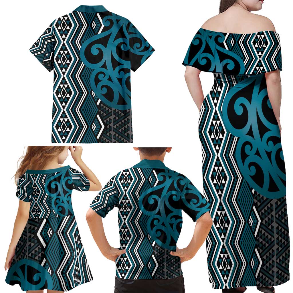 Maori Taniko Patterns Family Matching Off Shoulder Maxi Dress and Hawaiian Shirt Azure Patiki Motifs Mix Whakairo Ngaru LT7 - Polynesian Pride