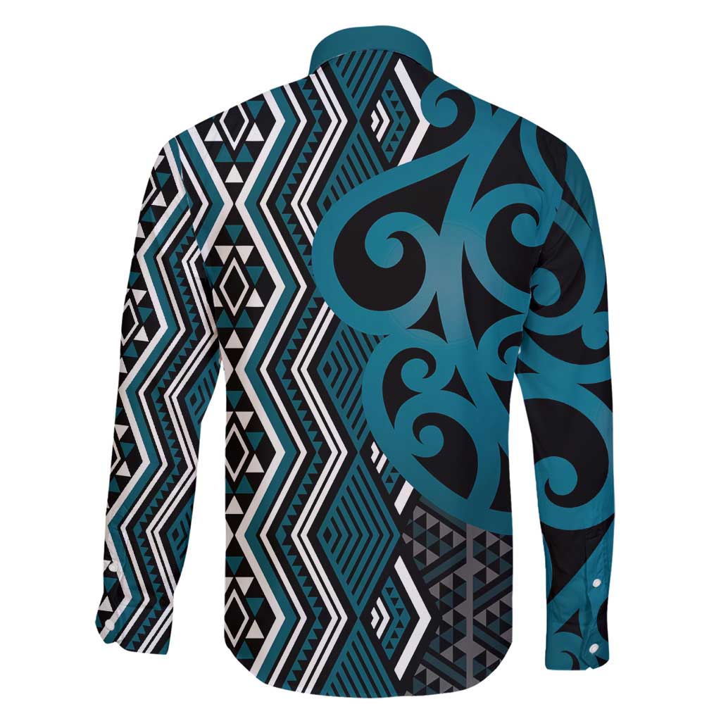 Maori Taniko Patterns Family Matching Off Shoulder Maxi Dress and Hawaiian Shirt Azure Patiki Motifs Mix Whakairo Ngaru LT7 - Polynesian Pride
