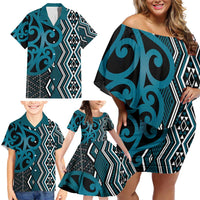 Maori Taniko Patterns Family Matching Off Shoulder Short Dress and Hawaiian Shirt Azure Patiki Motifs Mix Whakairo Ngaru LT7 - Polynesian Pride