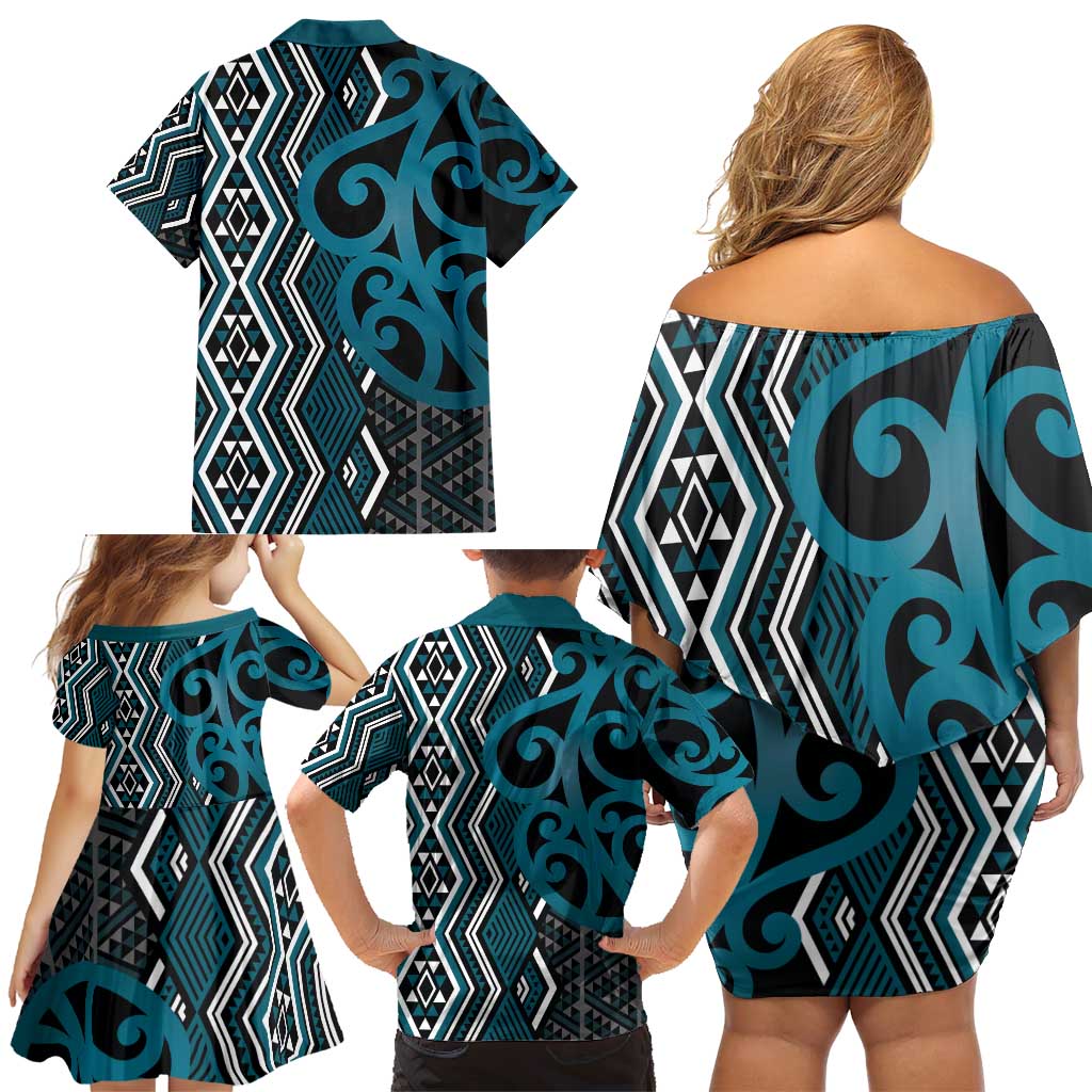 Maori Taniko Patterns Family Matching Off Shoulder Short Dress and Hawaiian Shirt Azure Patiki Motifs Mix Whakairo Ngaru LT7 - Polynesian Pride