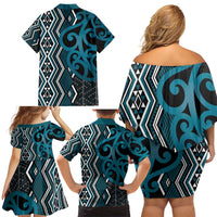 Maori Taniko Patterns Family Matching Off Shoulder Short Dress and Hawaiian Shirt Azure Patiki Motifs Mix Whakairo Ngaru LT7 - Polynesian Pride