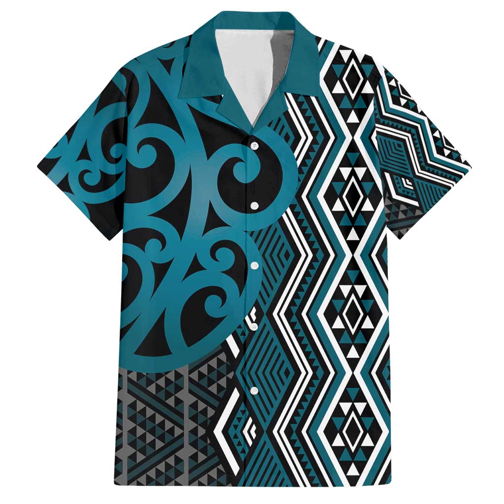 Maori Taniko Patterns Family Matching Off Shoulder Short Dress and Hawaiian Shirt Azure Patiki Motifs Mix Whakairo Ngaru LT7 Dad's Shirt - Short Sleeve Azure - Polynesian Pride
