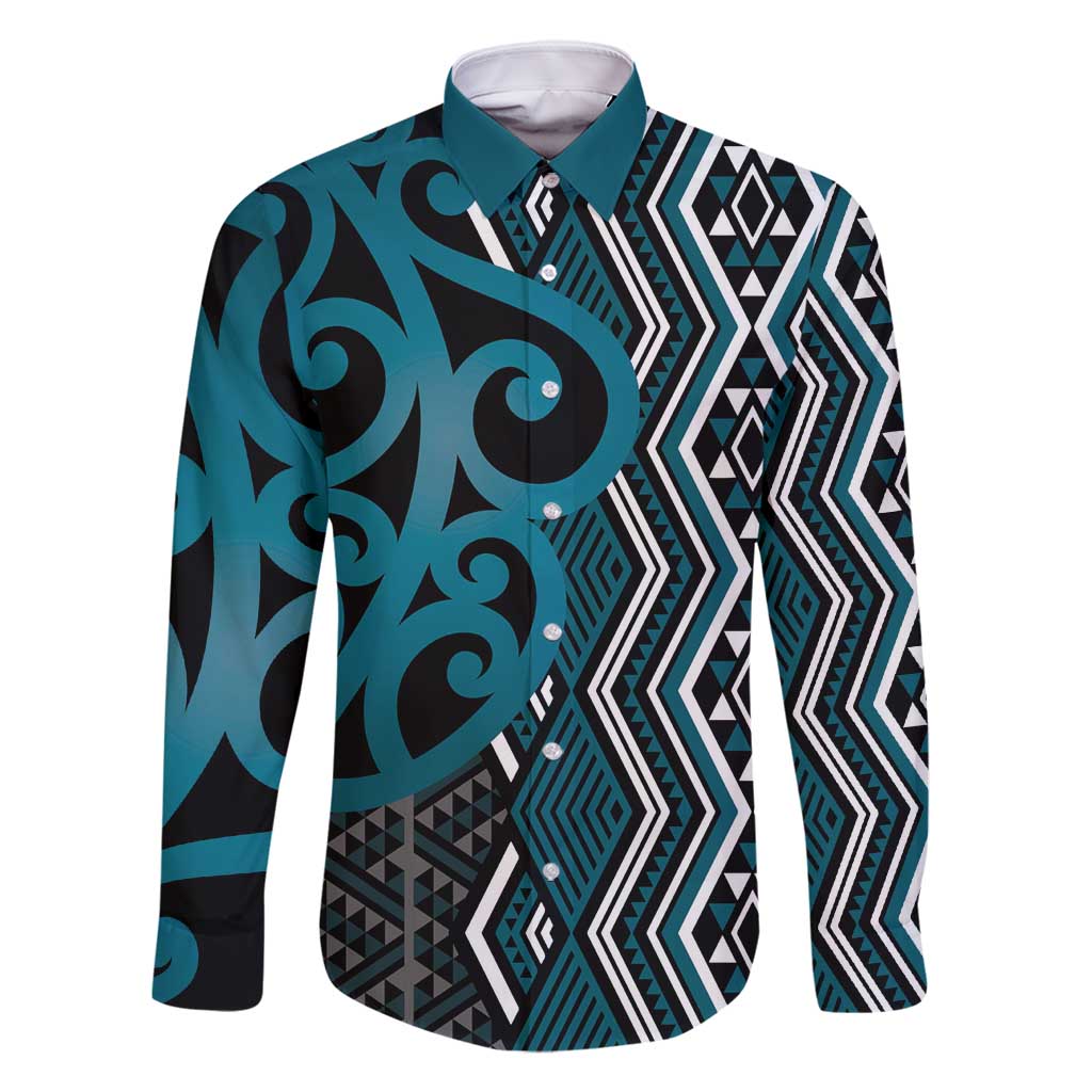 Maori Taniko Patterns Family Matching Off Shoulder Short Dress and Hawaiian Shirt Azure Patiki Motifs Mix Whakairo Ngaru LT7 Dad's Shirt - Long Sleeve Azure - Polynesian Pride