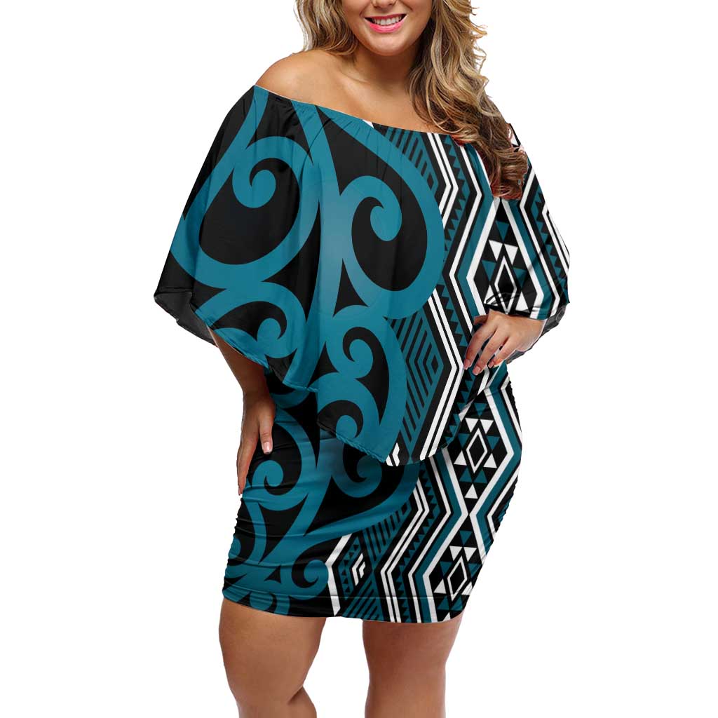Maori Taniko Patterns Family Matching Off Shoulder Short Dress and Hawaiian Shirt Azure Patiki Motifs Mix Whakairo Ngaru LT7 Mom's Dress Azure - Polynesian Pride