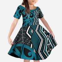Maori Taniko Patterns Family Matching Puletasi and Hawaiian Shirt Azure Patiki Motifs Mix Whakairo Ngaru LT7 Daughter's Dress Azure - Polynesian Pride