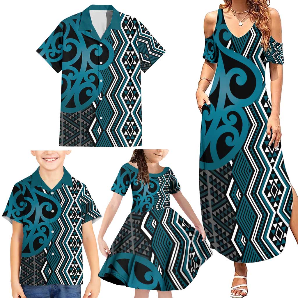 Maori Taniko Patterns Family Matching Summer Maxi Dress and Hawaiian Shirt Azure Patiki Motifs Mix Whakairo Ngaru LT7 - Polynesian Pride