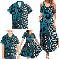 Maori Taniko Patterns Family Matching Summer Maxi Dress and Hawaiian Shirt Azure Patiki Motifs Mix Whakairo Ngaru LT7 - Polynesian Pride