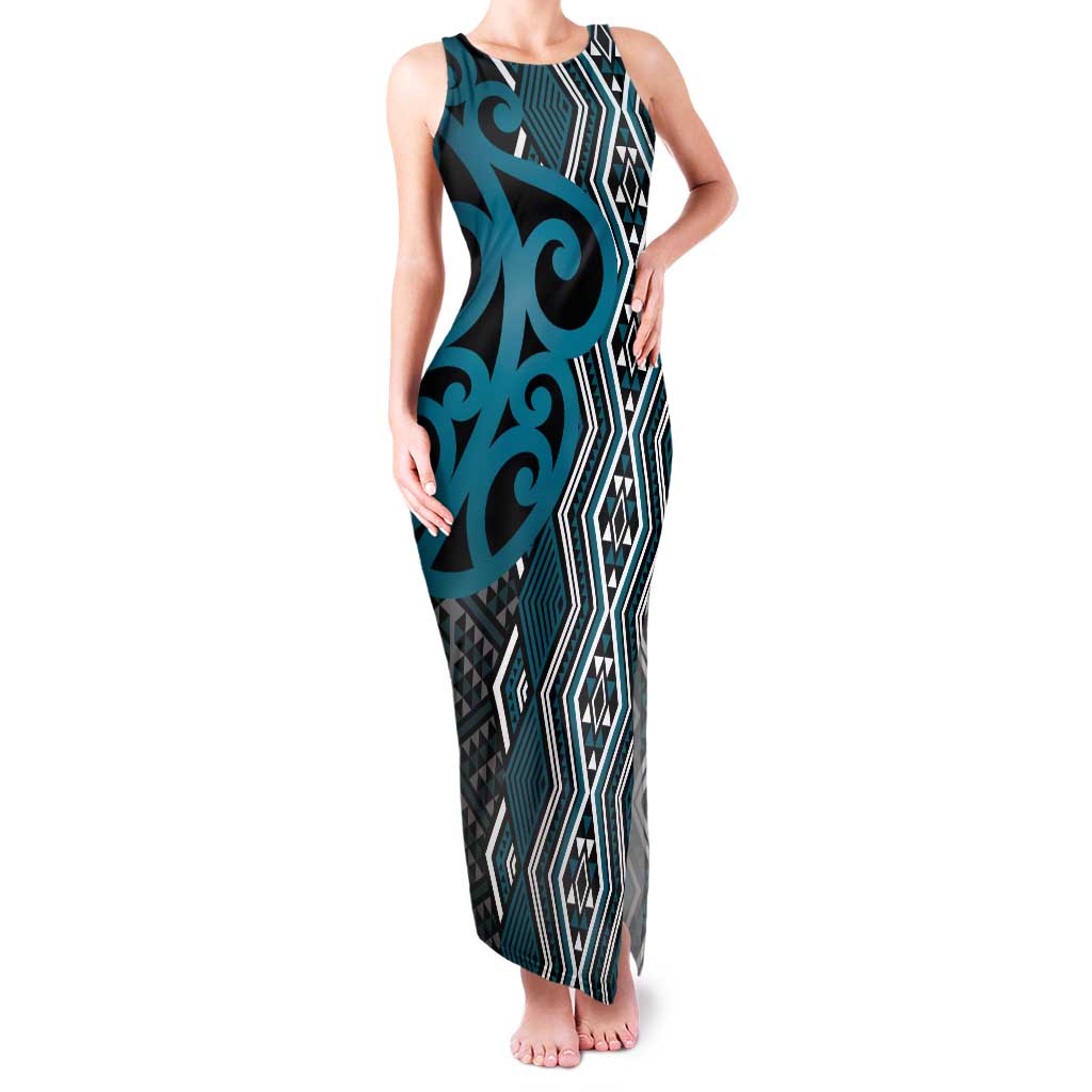 Maori Taniko Patterns Family Matching Tank Maxi Dress and Hawaiian Shirt Azure Patiki Motifs Mix Whakairo Ngaru LT7 Mom's Dress Azure - Polynesian Pride