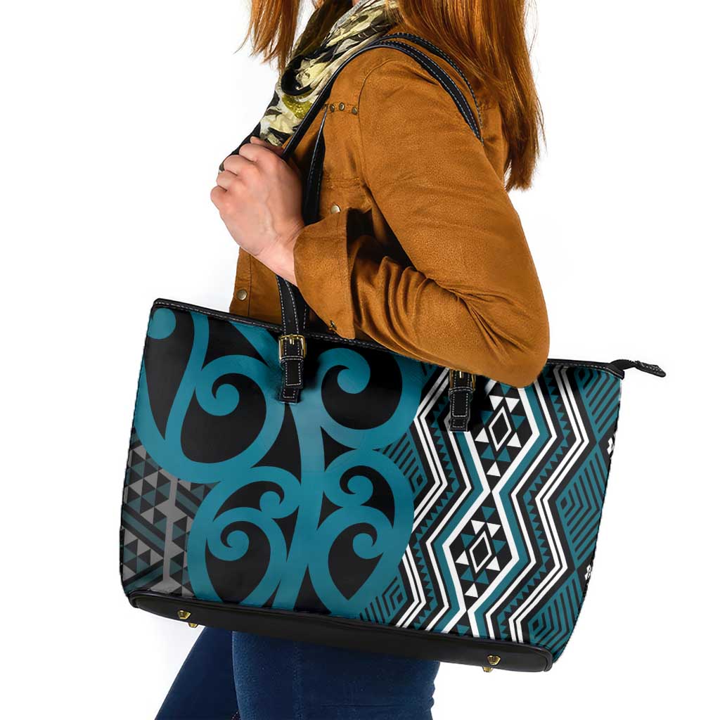 Maori Taniko Patterns Leather Tote Bag Azure Patiki Motifs Mix Whakairo Ngaru LT7 Azure - Polynesian Pride