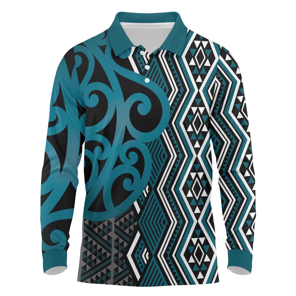 Maori Taniko Patterns Long Sleeve Polo Shirt Azure Patiki Motifs Mix Whakairo Ngaru