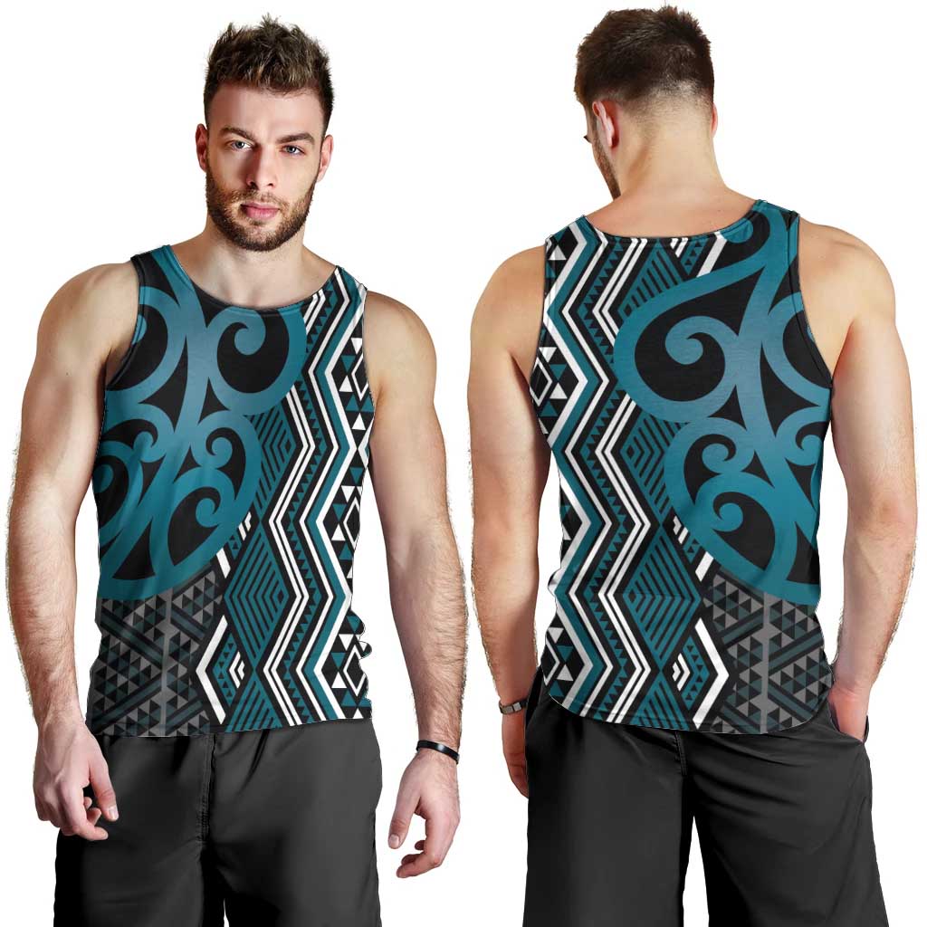 Maori Taniko Patterns Men Tank Top Azure Patiki Motifs Mix Whakairo Ngaru