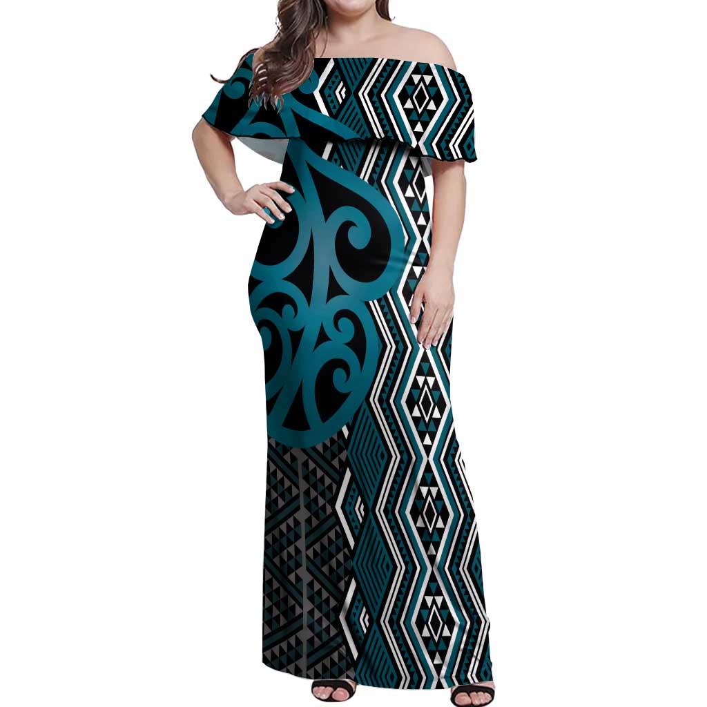 Maori Taniko Patterns Off Shoulder Maxi Dress Azure Patiki Motifs Mix Whakairo Ngaru