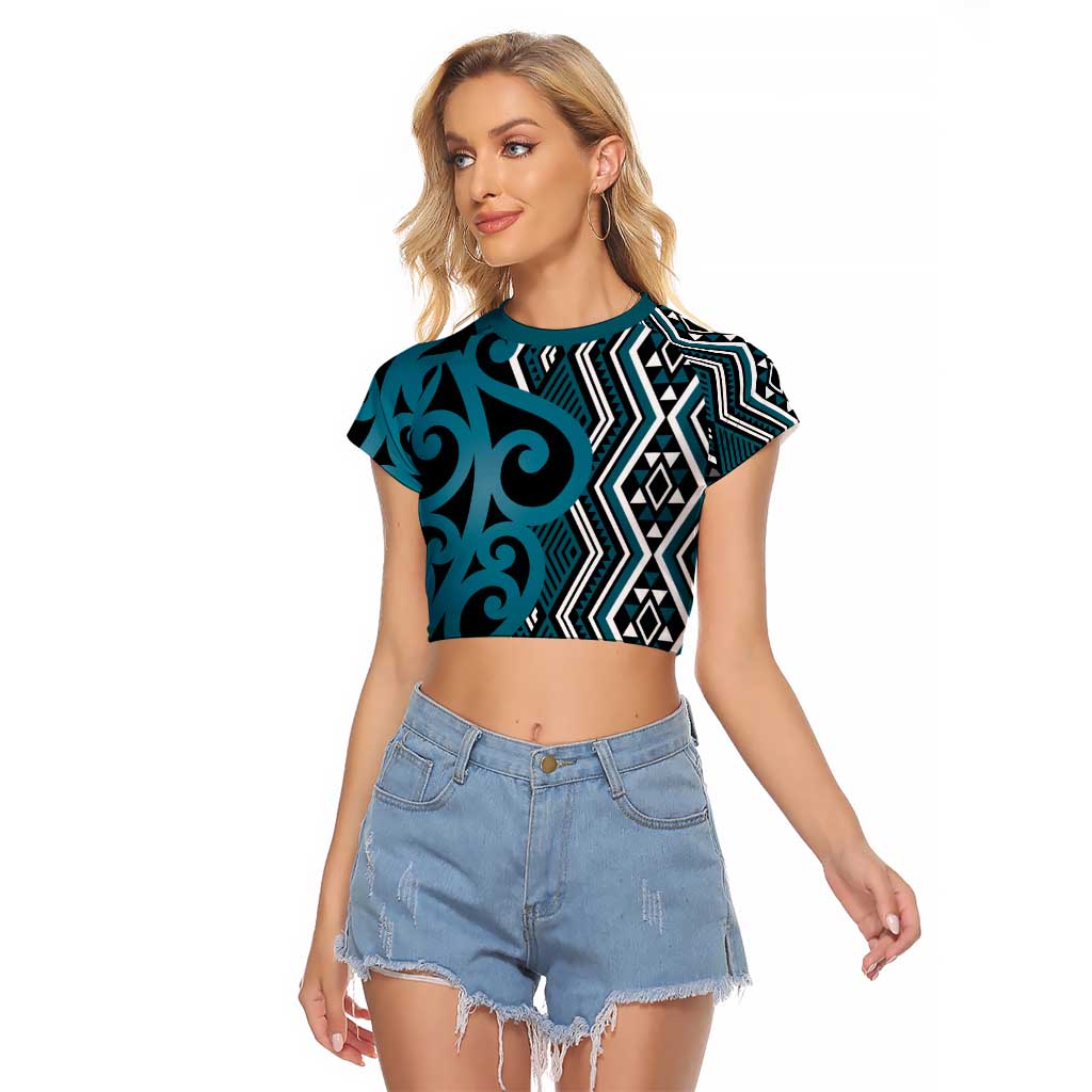 Maori Taniko Patterns Raglan Cropped T Shirt Azure Patiki Motifs Mix Whakairo Ngaru