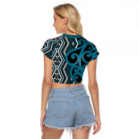 Maori Taniko Patterns Raglan Cropped T Shirt Azure Patiki Motifs Mix Whakairo Ngaru