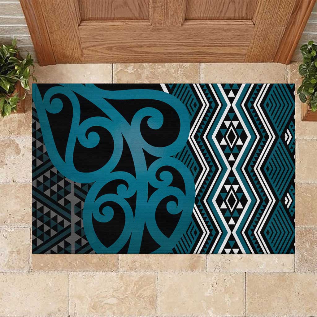 Maori Taniko Patterns Rubber Doormat Azure Patiki Motifs Mix Whakairo Ngaru LT7 Azure - Polynesian Pride