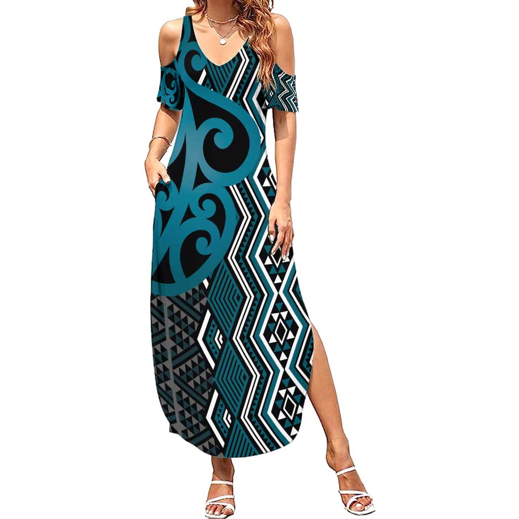Maori Taniko Patterns Summer Maxi Dress Azure Patiki Motifs Mix Whakairo Ngaru