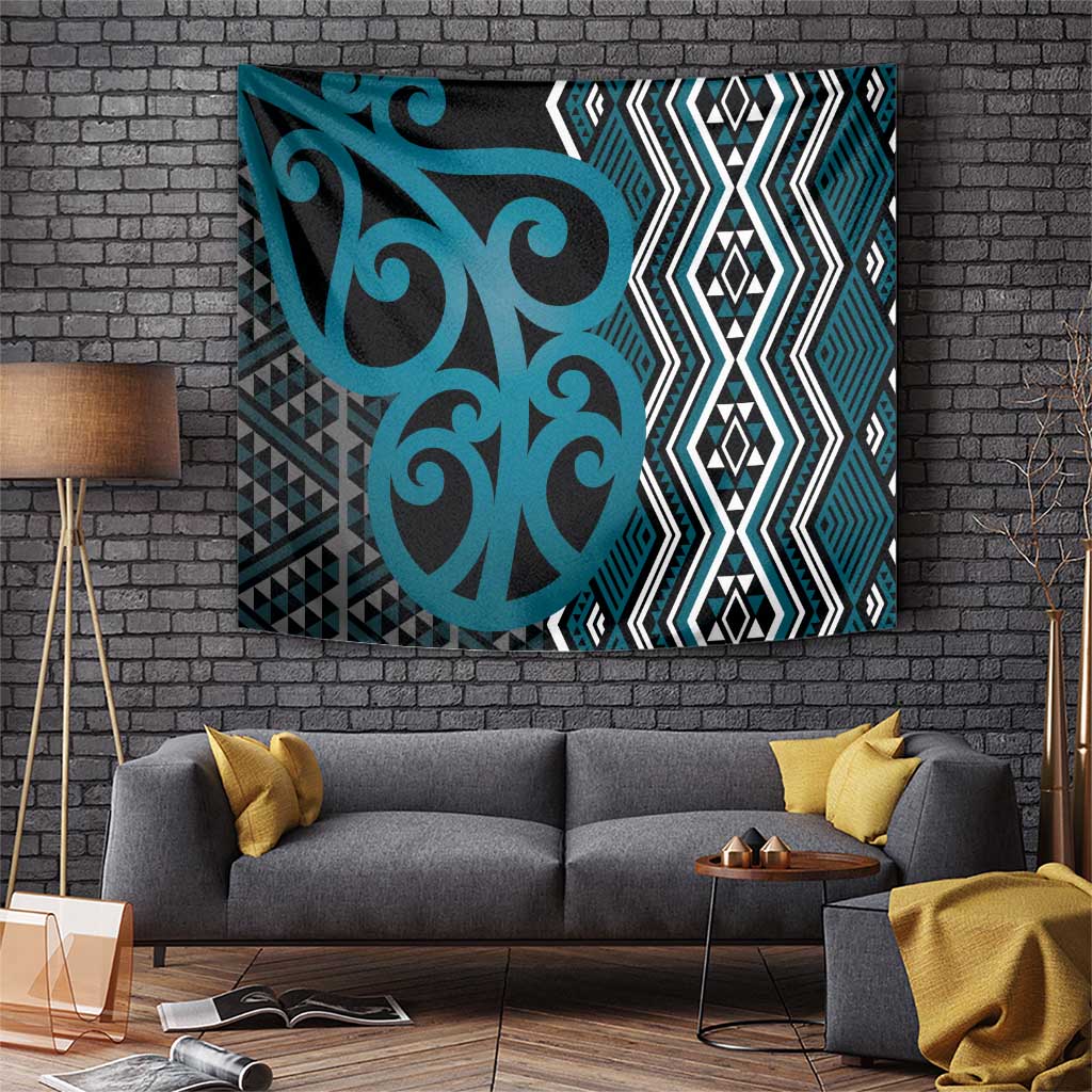 Maori Taniko Patterns Tapestry Azure Patiki Motifs Mix Whakairo Ngaru LT7 Azure - Polynesian Pride