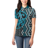Maori Taniko Patterns Women Polo Shirt Azure Patiki Motifs Mix Whakairo Ngaru