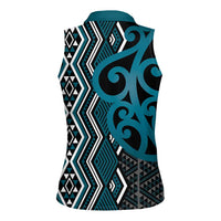 Maori Taniko Patterns Women Sleeveless Polo Shirt Azure Patiki Motifs Mix Whakairo Ngaru