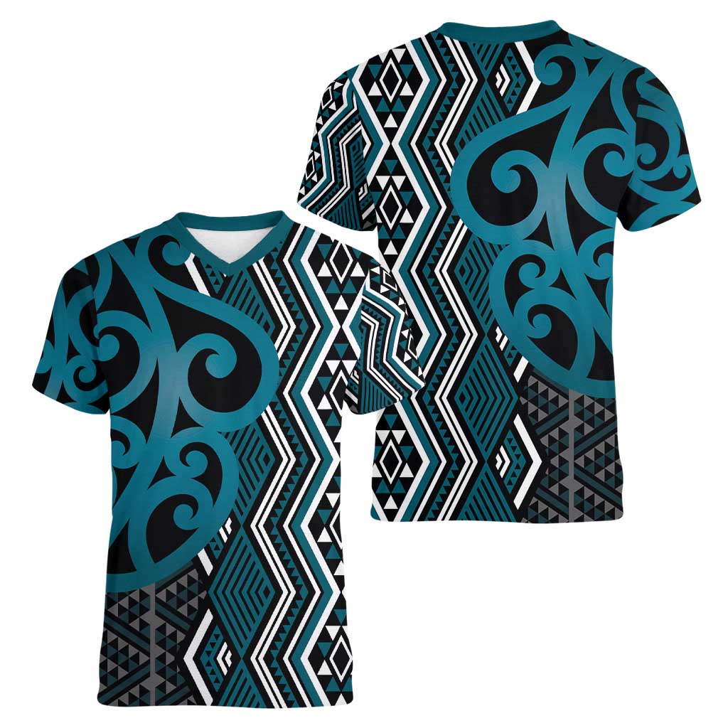Maori Taniko Patterns Women V-Neck T-Shirt Azure Patiki Motifs Mix Whakairo Ngaru