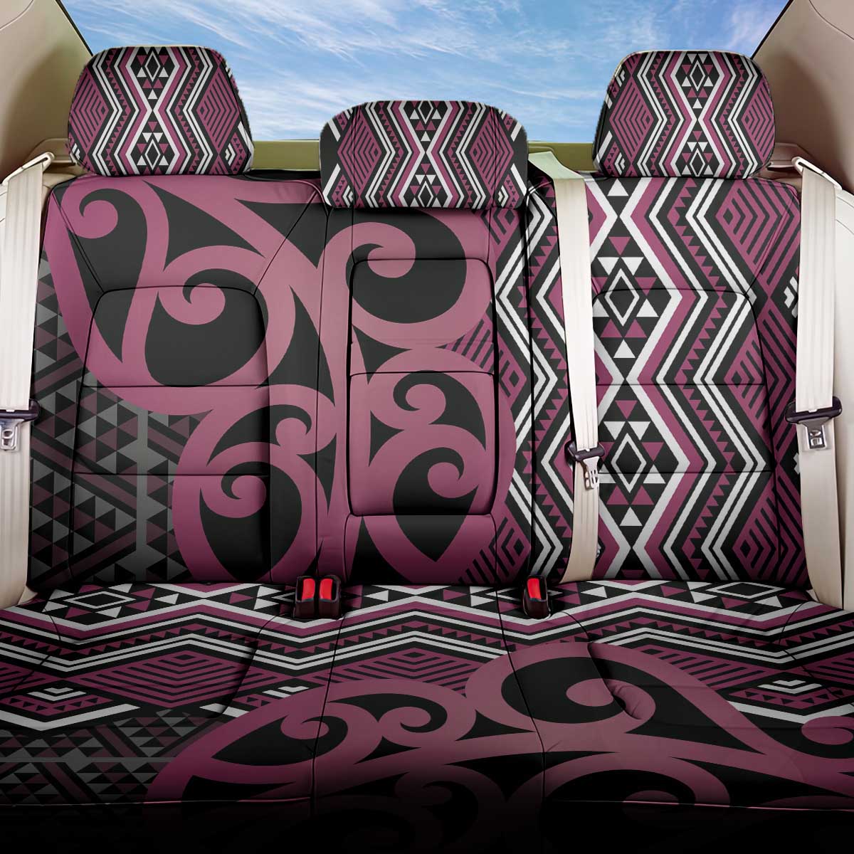 Maori Taniko Patterns Back Car Seat Cover Pink Patiki Motifs Mix Whakairo Ngaru LT7 One Size Pink - Polynesian Pride