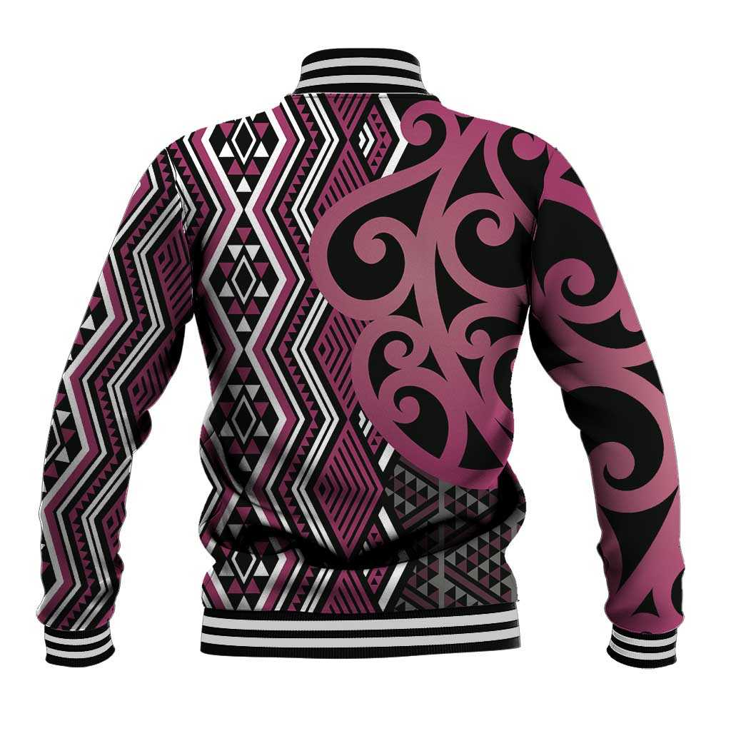 Maori Taniko Patterns Baseball Jacket Pink Patiki Motifs Mix Whakairo Ngaru