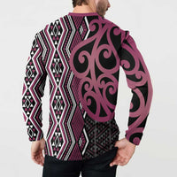Maori Taniko Patterns Button Sweatshirt Pink Patiki Motifs Mix Whakairo Ngaru