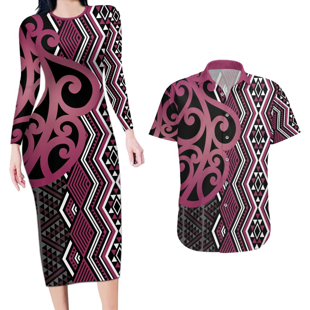 Maori Taniko Patterns Couples Matching Long Sleeve Bodycon Dress and Hawaiian Shirt Pink Patiki Motifs Mix Whakairo Ngaru LT7 Pink - Polynesian Pride