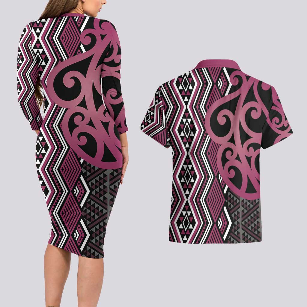 Maori Taniko Patterns Couples Matching Long Sleeve Bodycon Dress and Hawaiian Shirt Pink Patiki Motifs Mix Whakairo Ngaru LT7 - Polynesian Pride