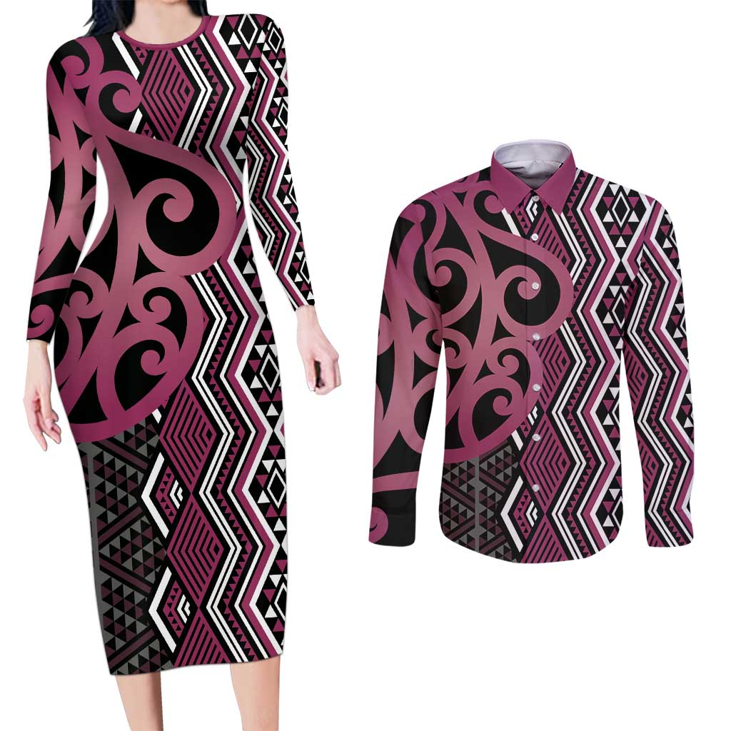 Maori Taniko Patterns Couples Matching Long Sleeve Bodycon Dress and Long Sleeve Button Shirt Pink Patiki Motifs Mix Whakairo Ngaru LT7 Pink - Polynesian Pride
