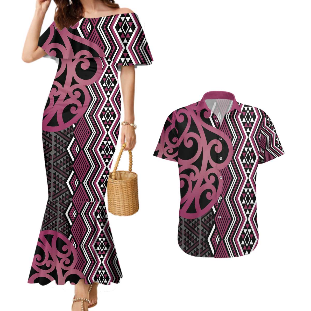 Maori Taniko Patterns Couples Matching Mermaid Dress and Hawaiian Shirt Pink Patiki Motifs Mix Whakairo Ngaru
