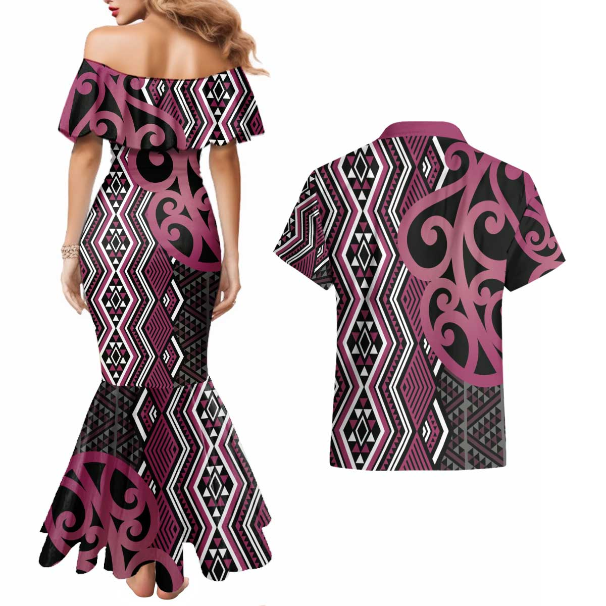 Maori Taniko Patterns Couples Matching Mermaid Dress and Hawaiian Shirt Pink Patiki Motifs Mix Whakairo Ngaru LT7 - Polynesian Pride