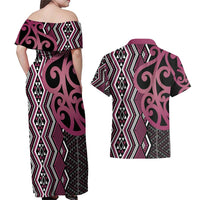 Maori Taniko Patterns Couples Matching Off Shoulder Maxi Dress and Hawaiian Shirt Pink Patiki Motifs Mix Whakairo Ngaru LT7 - Polynesian Pride
