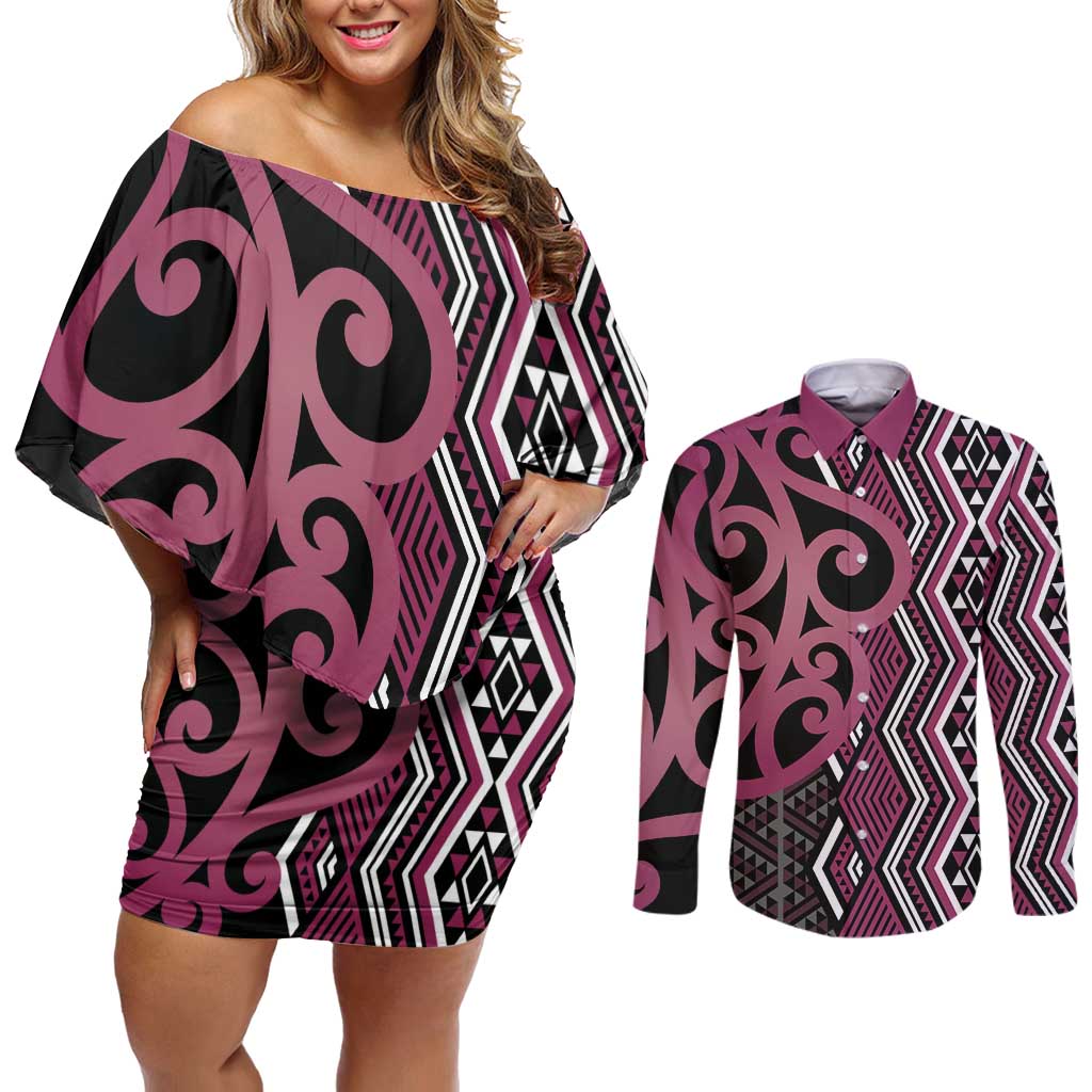Maori Taniko Patterns Couples Matching Off Shoulder Short Dress and Long Sleeve Button Shirt Pink Patiki Motifs Mix Whakairo Ngaru