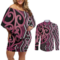 Maori Taniko Patterns Couples Matching Off Shoulder Short Dress and Long Sleeve Button Shirt Pink Patiki Motifs Mix Whakairo Ngaru