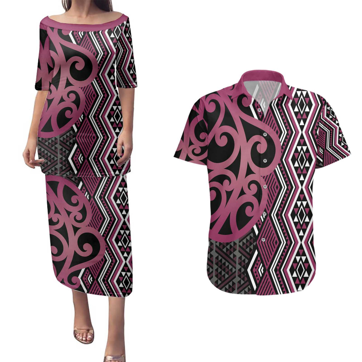 Maori Taniko Patterns Couples Matching Puletasi and Hawaiian Shirt Pink Patiki Motifs Mix Whakairo Ngaru