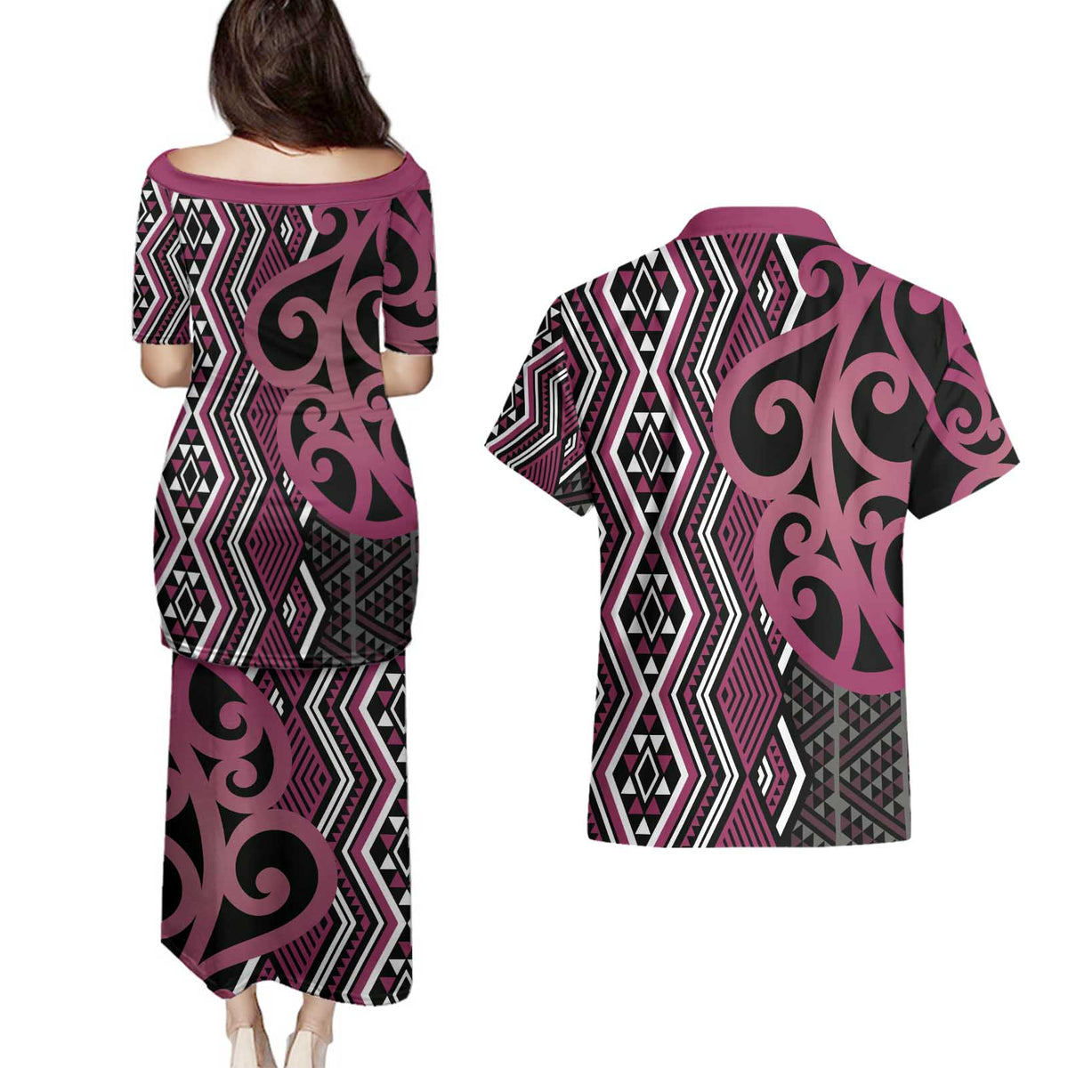 Maori Taniko Patterns Couples Matching Puletasi and Hawaiian Shirt Pink Patiki Motifs Mix Whakairo Ngaru