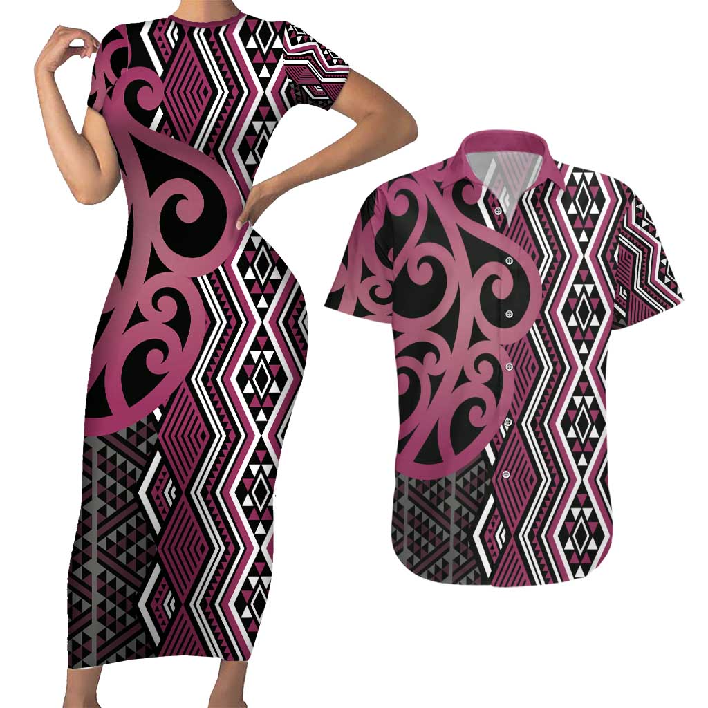 Maori Taniko Patterns Couples Matching Short Sleeve Bodycon Dress and Hawaiian Shirt Pink Patiki Motifs Mix Whakairo Ngaru LT7 Pink - Polynesian Pride
