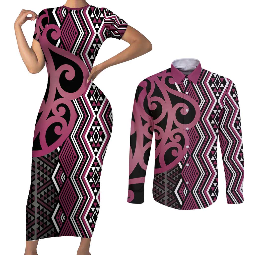 Maori Taniko Patterns Couples Matching Short Sleeve Bodycon Dress and Long Sleeve Button Shirt Pink Patiki Motifs Mix Whakairo Ngaru LT7 Pink - Polynesian Pride