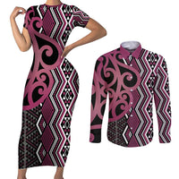 Maori Taniko Patterns Couples Matching Short Sleeve Bodycon Dress and Long Sleeve Button Shirt Pink Patiki Motifs Mix Whakairo Ngaru LT7 Pink - Polynesian Pride
