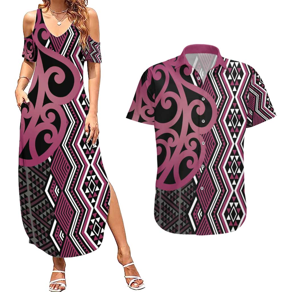 Maori Taniko Patterns Couples Matching Summer Maxi Dress and Hawaiian Shirt Pink Patiki Motifs Mix Whakairo Ngaru LT7 Pink - Polynesian Pride
