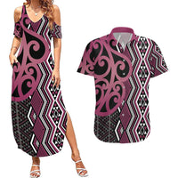 Maori Taniko Patterns Couples Matching Summer Maxi Dress and Hawaiian Shirt Pink Patiki Motifs Mix Whakairo Ngaru LT7 Pink - Polynesian Pride