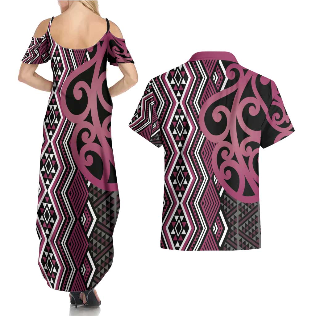 Maori Taniko Patterns Couples Matching Summer Maxi Dress and Hawaiian Shirt Pink Patiki Motifs Mix Whakairo Ngaru LT7 - Polynesian Pride