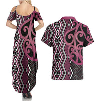 Maori Taniko Patterns Couples Matching Summer Maxi Dress and Hawaiian Shirt Pink Patiki Motifs Mix Whakairo Ngaru LT7 - Polynesian Pride