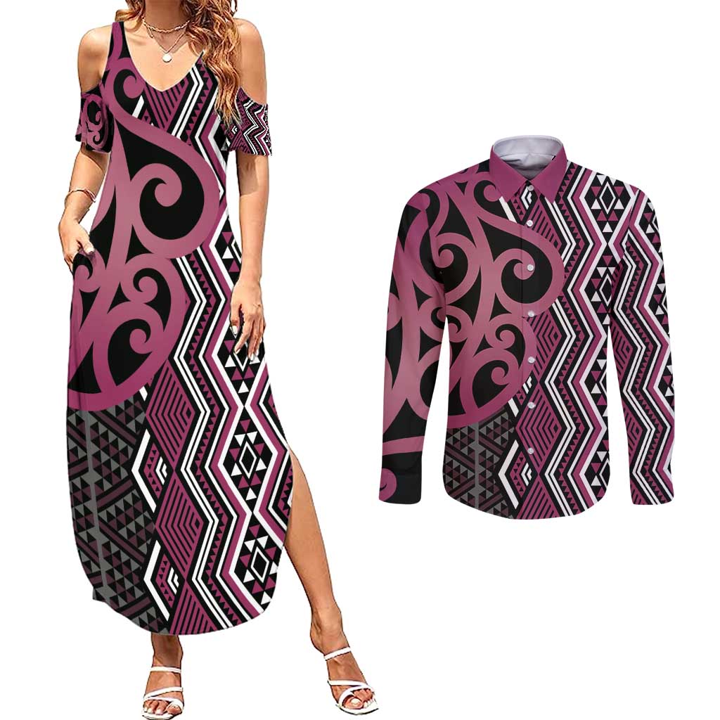Maori Taniko Patterns Couples Matching Summer Maxi Dress and Long Sleeve Button Shirt Pink Patiki Motifs Mix Whakairo Ngaru